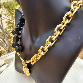 Black Lava Stone (16 mm Organic Shape)&18k Gold Filled Chunky Chain Toggle Necklace with Protective Coin&Spike