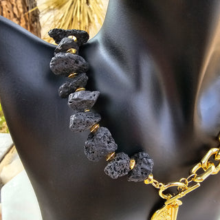 Black Lava Stone (16 mm Organic Shape)&18k Gold Filled Chunky Chain Toggle Necklace with Protective Coin&Spike