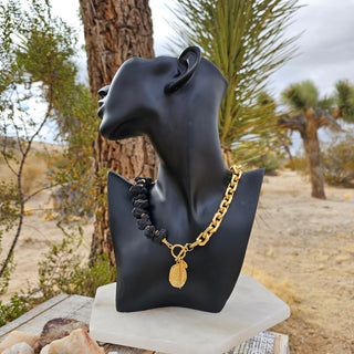 Black Lava Stone (16 mm Organic Shape)&18k Gold Filled Chunky Chain Toggle Necklace with Protective Coin&Spike