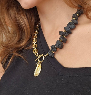 Black Lava Stone (16 mm Organic Shape)&18k Gold Filled Chunky Chain Toggle Necklace with Protective Coin&Spike