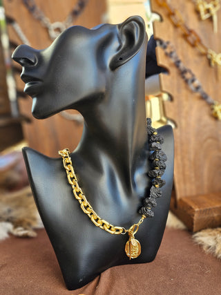 Black Lava Stone (16 mm Organic Shape)&18k Gold Filled Chunky Chain Toggle Necklace with Protective Coin&Spike