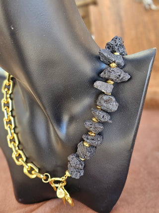 Black Lava Stone (16 mm Organic Shape)&18k Gold Filled Chunky Chain Toggle Necklace with Protective Coin&Spike