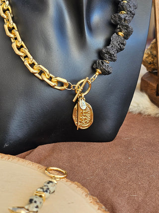 Black Lava Stone (16 mm Organic Shape)&18k Gold Filled Chunky Chain Toggle Necklace with Protective Coin&Spike