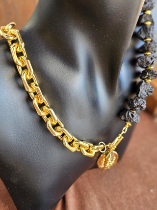 Black Lava Stone (16 mm Organic Shape)&18k Gold Filled Chunky Chain Toggle Necklace with Protective Coin&Spike