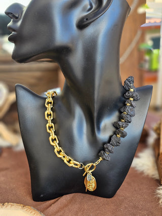 Black Lava Stone (16 mm Organic Shape)&18k Gold Filled Chunky Chain Toggle Necklace with Protective Coin&Spike