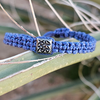 Zen Weave Macrame Boho Braided Bracelet in Denim Blue - Shiny Silver Peak Pulse Charm