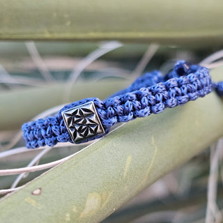 Zen Weave Macrame Boho Braided Bracelet in Denim Blue - Shiny Silver Peak Pulse Charm