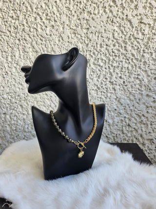 Pyrite, Half Round~Half Gold Filled Rope Chain Toggle Necklace with Eye Protection Charm