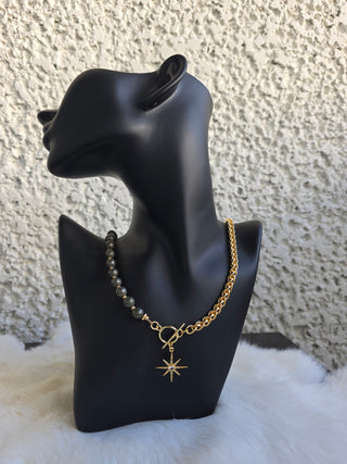 Pyrite, Half Round~Half Gold Filled Chain Toggle Necklace with Guiding Star