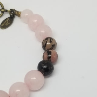 Rose Quartz and Rhodonite (10mm) Hexi Antiqued Gold Toggle Bracelet