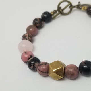 Rhodonite and Rose Quartz(10mm) Hexi Antiqued Gold Toggle Clasp