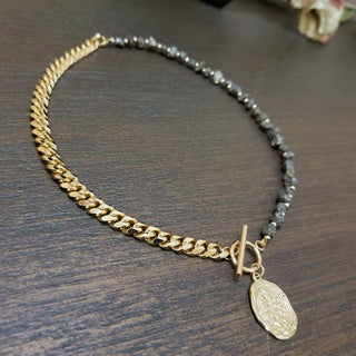 Pyrite Rough - Half Pyrite~Half 18k Gold Plated Chain Toggle Clasp Necklace with Protective Coin Charm