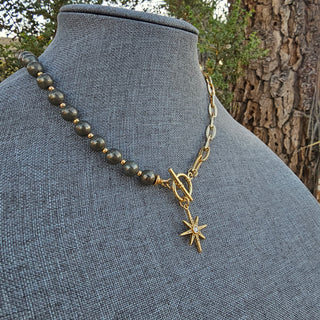 Pyrite, Half Round~Half Gold Filled Chain Toggle Necklace with Guiding Star