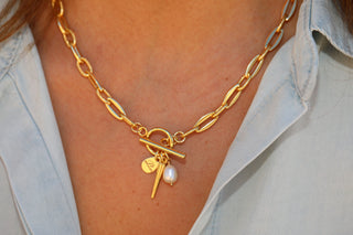 18K Gold Plated Signature Toggle Necklace with Spike & Pearl Dangle