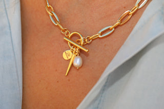 18K Gold Plated Signature Toggle Necklace with Spike & Pearl Dangle