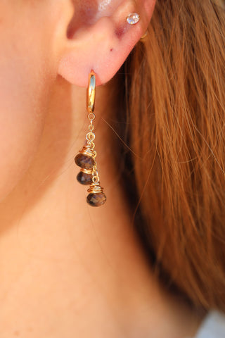 Smoky Quartz (Tripple)  Gold Filled Hoop Earrings