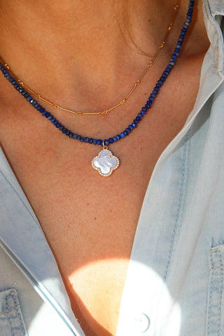 Lapis Lazuli and Gold Filled Link Chain Double Necklace with Floral Mother of Pearl Charm