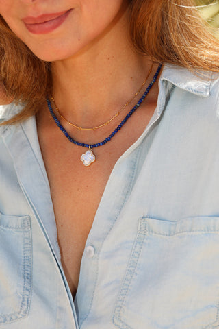 Lapis Lazuli and Gold Filled Link Chain Double Necklace with Floral Mother of Pearl Charm