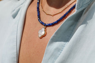 Lapis Lazuli and Gold Filled Link Chain Double Necklace with Floral Mother of Pearl Charm