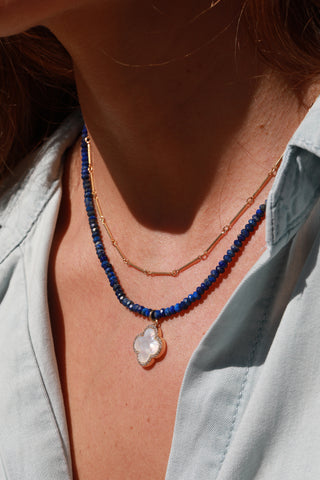 Lapis Lazuli and Gold Filled Link Chain Double Necklace with Floral Mother of Pearl Charm