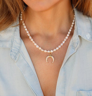 Pearl Gold Filled Adjustable Necklace with CZ Moon Charm