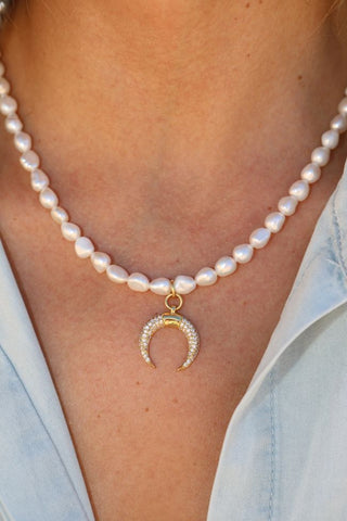 Pearl Gold Filled Adjustable Necklace with CZ Moon Charm