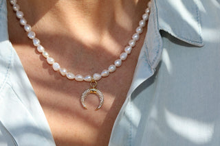 Pearl Gold Filled Adjustable Necklace with CZ Moon Charm