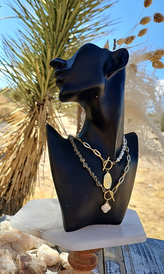 Pyrite, Half Round~Half Gold Filled Chain Toggle Necklace with Floral Mother of Pearl Charm