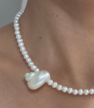 "Whisper of the Ocean"
AAA Freshwater Pearl Necklace with Natural Ocean Shell pendant, 18k Gold Filled [Made-to-order]