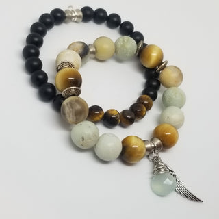 Amazonite & Gold Tiger Eye (12mm) Bracelet with Chalcedony Briolette Dangle