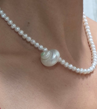 "Whisper of the Ocean"
AAA Freshwater Pearl Necklace with Natural Ocean Shell pendant, 18k Gold Filled [Made-to-order]