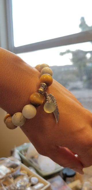 Amazonite & Gold Tiger Eye (12mm) Bracelet with Chalcedony Briolette Dangle